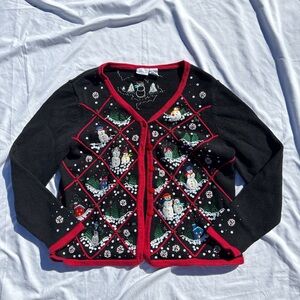 Kim Rogers Black Cardigan with Red Trim and Festive Design